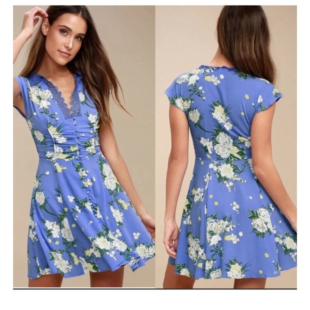 Free People Alora Mini Dress Blue Periwinkle Lace Crochet Floral Boho Size 0 XS